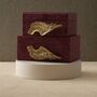 Handmade Burgundy Leather Box Set With Brass Wing Handles, thumbnail 1 of 6
