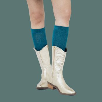 Women's Knee High Glitter Socks Teal Blue, 2 of 3