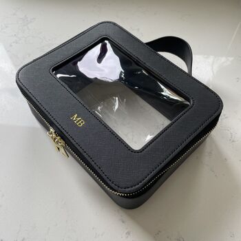 Personalised Embossed Black Saffiano Leather Clear Makeup Case, 6 of 7