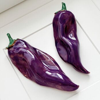 Hand Sculpted Ceramic Kitchen Wall Art: Purple Peppers, 4 of 7