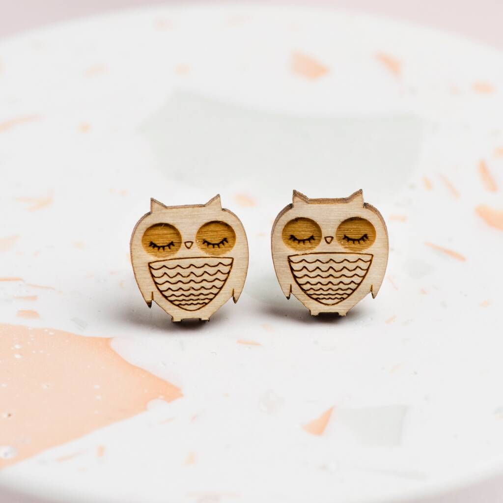 Wooden Owl Stud Earrings, 1 of 12