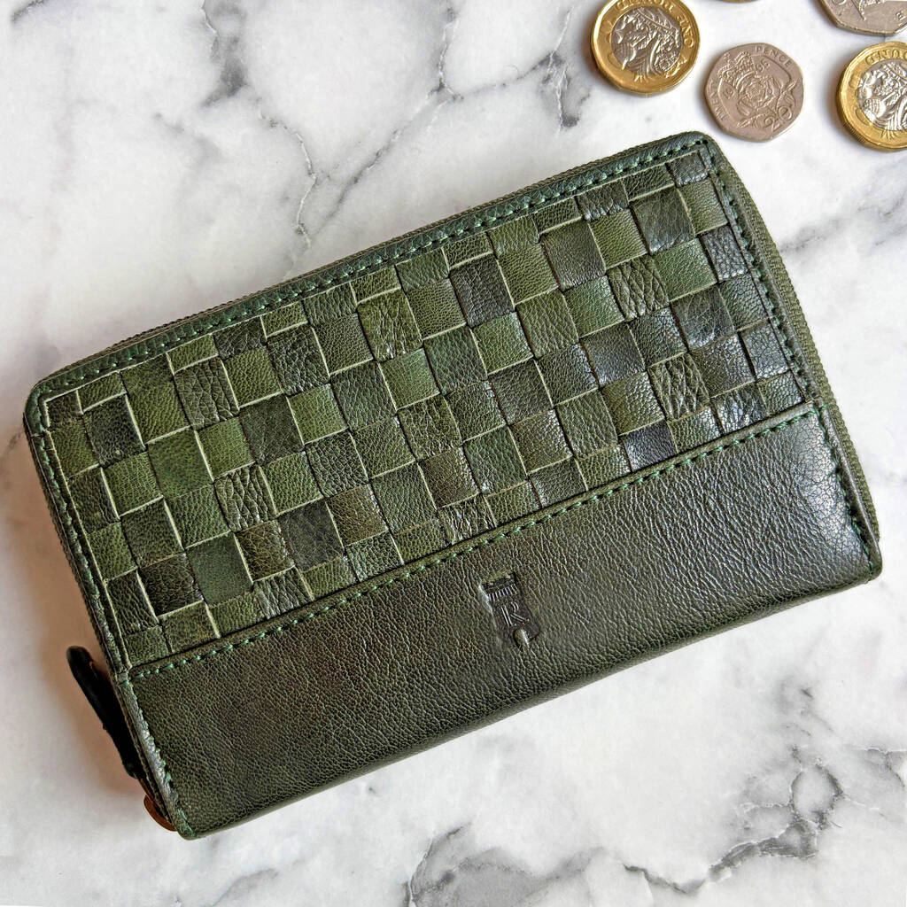 Green Leather Purse Hand Woven, 1 of 2