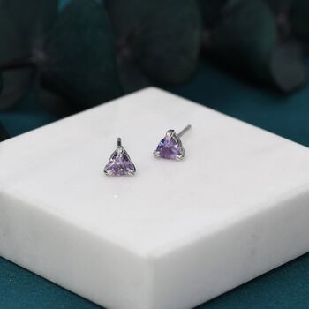 Sterling Silver Tiny Trillion Cut Amethyst Purple Cz Stud Earrings, 2 of 11