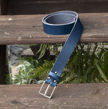 Handmade Mens Premium Leather Belt Blue 35mm Wide, 2 of 10