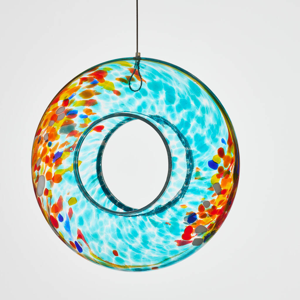 Hand Blown Glass Bird Feeder, Teal Swirl, 1 of 4