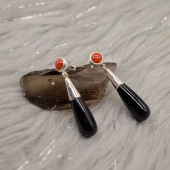 Red Coral, Black Onyx Sterling Silver Dangle Earrings, 5 of 8