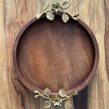 Mango Wood Round Tray With Antique Gold Handles, 7 of 12