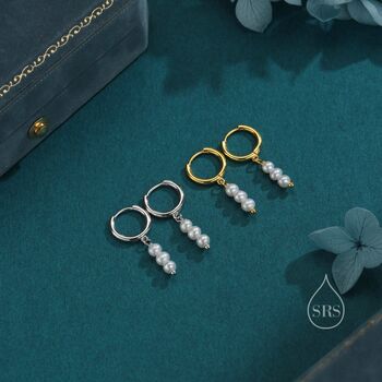 Genuine Freshwater Pearl Trio Huggie Hoop Earrings In Sterling Silver, 7 of 11