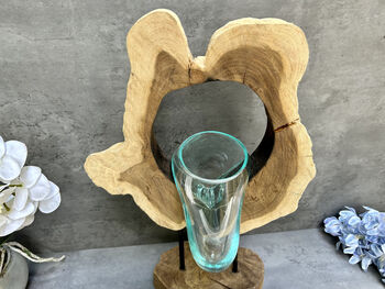 40cm Molten Glass Hanging Bowl On Teak Root Base, 9 of 12