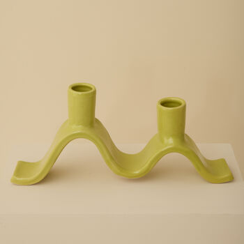 Handmade Chartreuse Wavy Ceramic Candelabra For Two Candles, 2 of 6