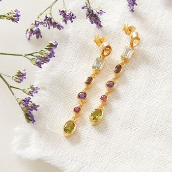 Multi Gemstone Gold Plated Silver Drop Stud Earrings, 5 of 9