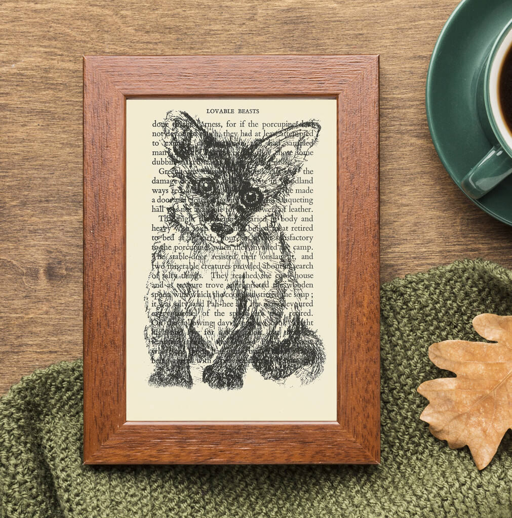 Fox Screen Print On Vintage Book Page