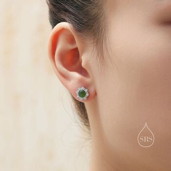 Vintage Inspired Green Onyx Flower Cz Stud Earrings, 5 of 11