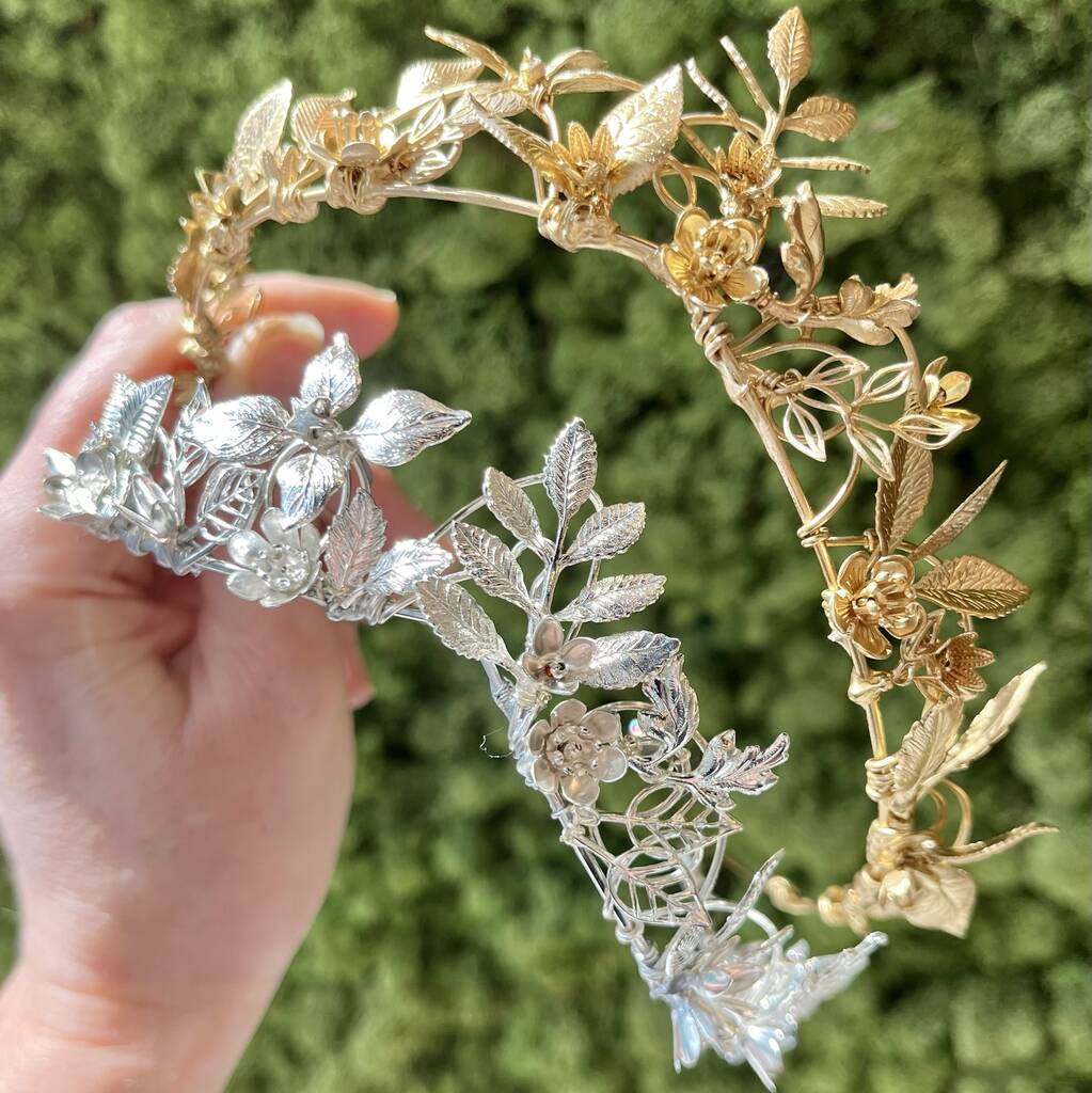 The Isla Crown Gold Silver Organic Handmade Floral Hair Vine Bridal Headpiece, 1 of 9