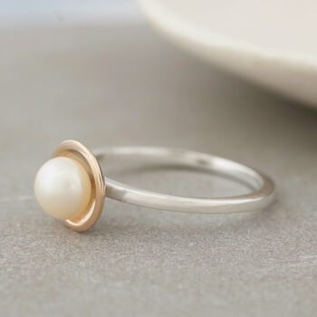 Silver And 9ct Gold Pearl Ring. Dainty Stacking Ring, 9 of 10