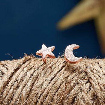 Twilight Textured Moon And Star Mismatched Silver Studs, 3 of 8