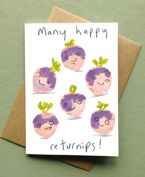 Many Happy Returns Birthday Card Happy Turnips Card, 2 of 2
