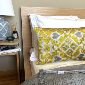 Oblong Velvet Ikat Cushion Yellow And Grey Heart, 7 of 7