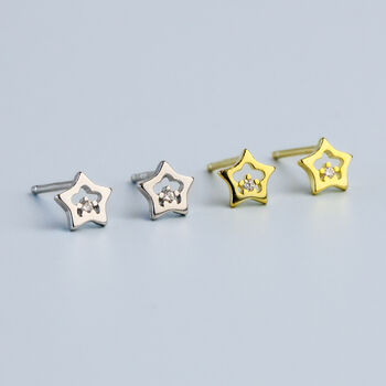 Sterling Silver Tiny Crystal Detail Star Earrings, 3 of 6