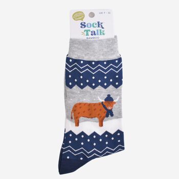 Men's Bamboo Socks Winter Highland Cow Grey, 5 of 5