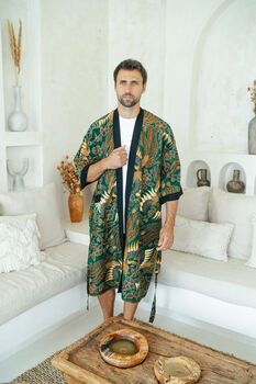 Men's Batik Kimono Robe In Green, 2 of 7