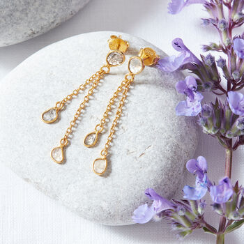 Diamond Slice Gold Plated Silver Chain Drop Earrings, 2 of 5