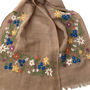 Hand Embroidered 100% Linen Scarf In Soft Brown Floral, thumbnail 4 of 5