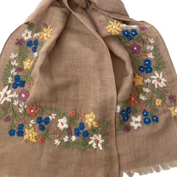 Hand Embroidered 100% Linen Scarf In Soft Brown Floral, 4 of 5