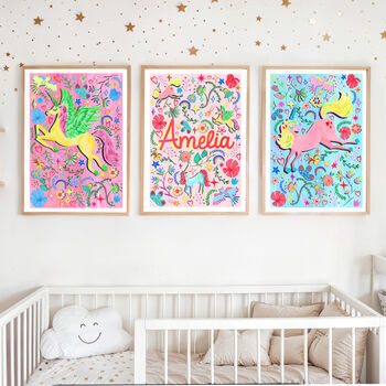 Personalised Unicorn Name Print | Pink Fairytale Nursery Decor | Baby Keepsake Gift, 4 of 11