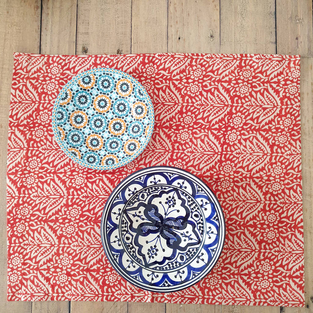 Set Of Two Red Placemats, Block Print Handmade In India By Shakti.ism