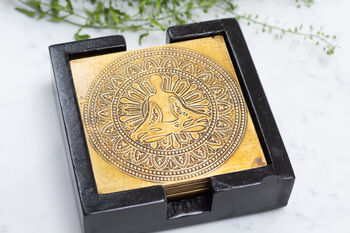 Yoga Themed Coaster Set, Wood And Brass, 3 of 12