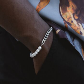 Silver Steel Cuban Chain, Half Pearl Bracelet, 8 of 10