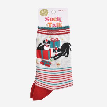 Women's Bamboo Socks Striped Christmas Cats, 5 of 5