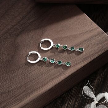 Emerald Green Cz Dangle Chain Huggie Hoop Earrings, 6 of 10
