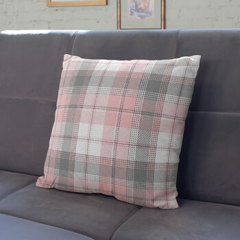 Modern Grey And Blush Pink Tartan Chenille Cushion, 10 of 12