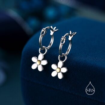 Sterling Silver Daisy Dangle Drop Huggie Hoop, 7 of 12