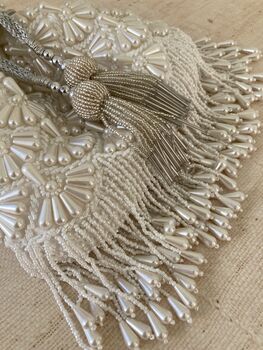 White Handcrafted Embellished Pearl Potli Wrist Bag, 5 of 12
