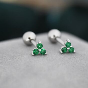 Tiny Three Emerald Green Cz Screw Back Earrings, 7 of 10