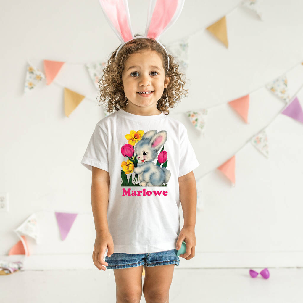 Vintage Bunny Kids Personalised Easter T Shirt, 1 of 3
