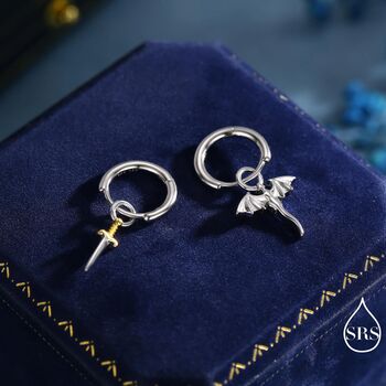 Sterling Silver Mismatched Dragon And Sword Huggie Hoops, 2 of 10