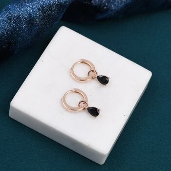 Sterling Silver Black Cz Droplet Hoop Earrings, 2 of 11
