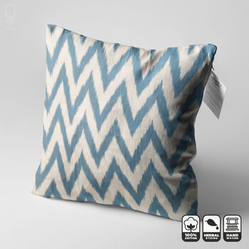 Ice Blue Zig Zag Handwoven Ikat Cushion Cover, 2 of 8