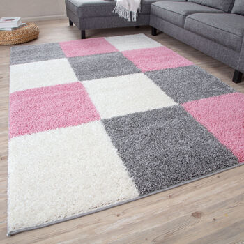 The Rugs Geometric Shaggy Rug Pink Checkered Rug, 10 of 12