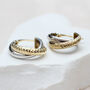 9ct Two Tone Gold Hammered And Plain Band Crossover Hoops, thumbnail 1 of 3