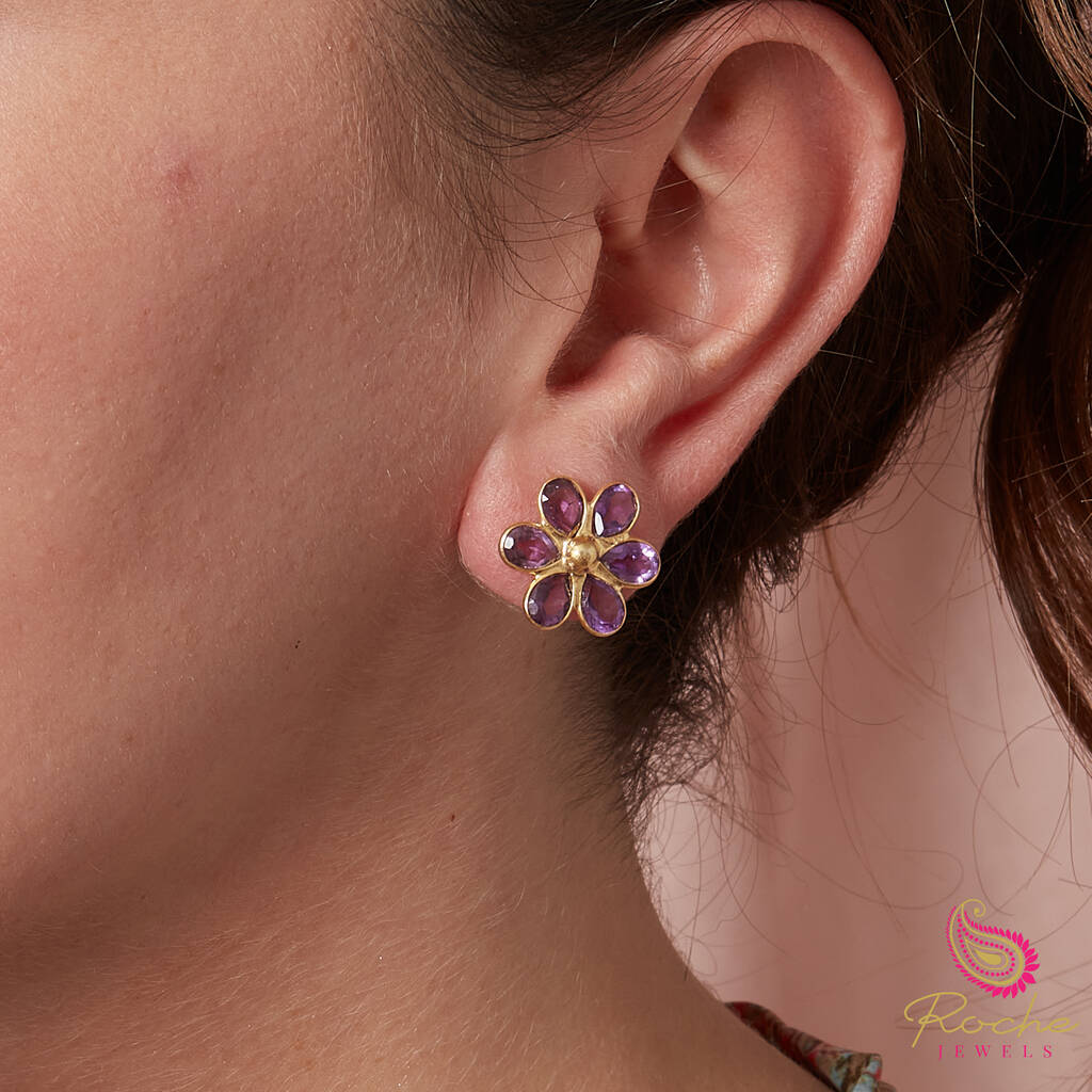 Purple Amethyst Flower Gold Plated Stud Earrings, 1 of 11