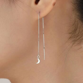 Crescent Moon Threader Earrings In Sterling Silver, 9 of 11
