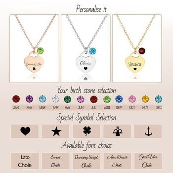 Personalised Name Heart Pendant Necklace With Birthstone Symbol, 2 of 5