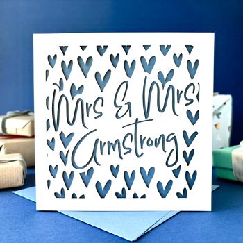 Papercut Hearts Mrs And Mrs Personalised Wedding Card, 2 of 5
