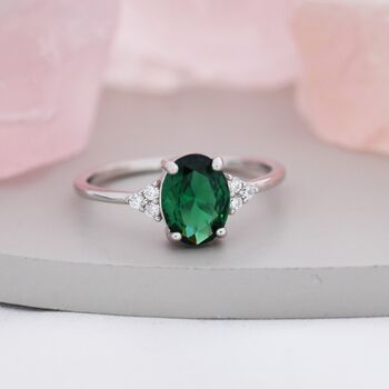Emerald Green Cz Oval Ring In Sterling Silver, 7 of 12
