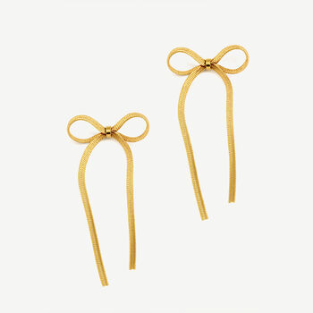 Women’s Bow Stud Earrings With Herringbone Chain In 18k Gold, Bridesmaid, Party Jewellery, 5 of 5